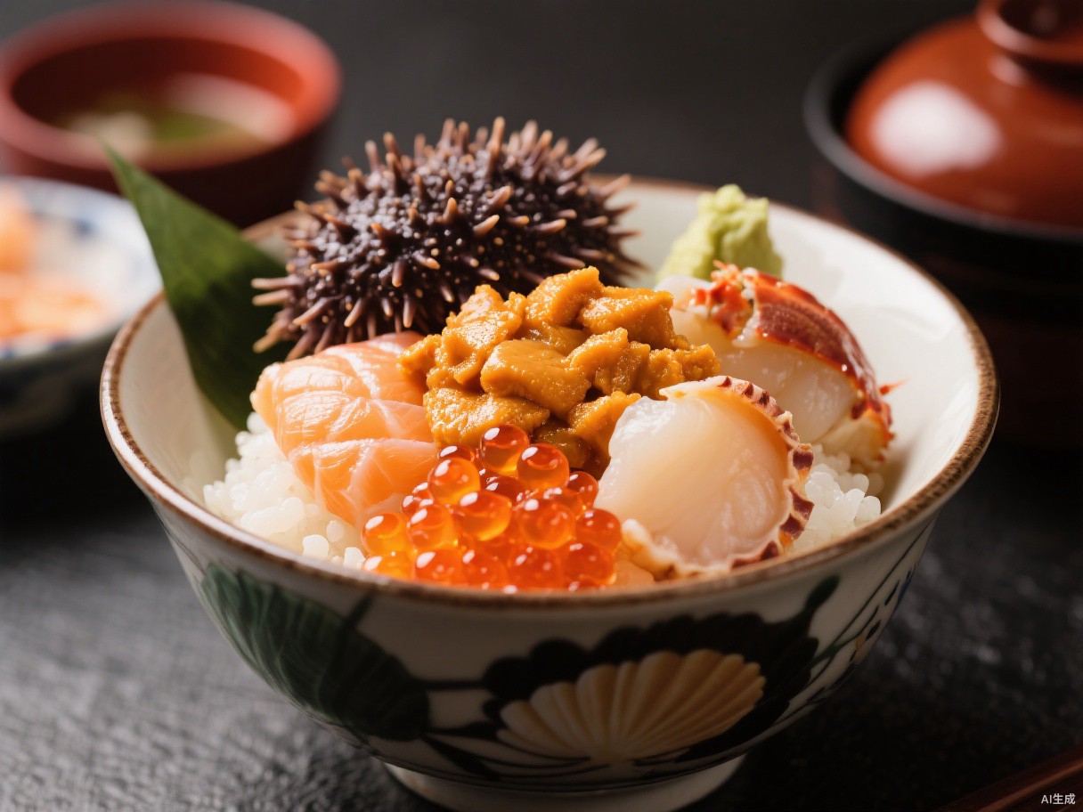 海鲜丼 - 北海道海胆、鲑鱼卵、扇贝、蟹肉盖饭